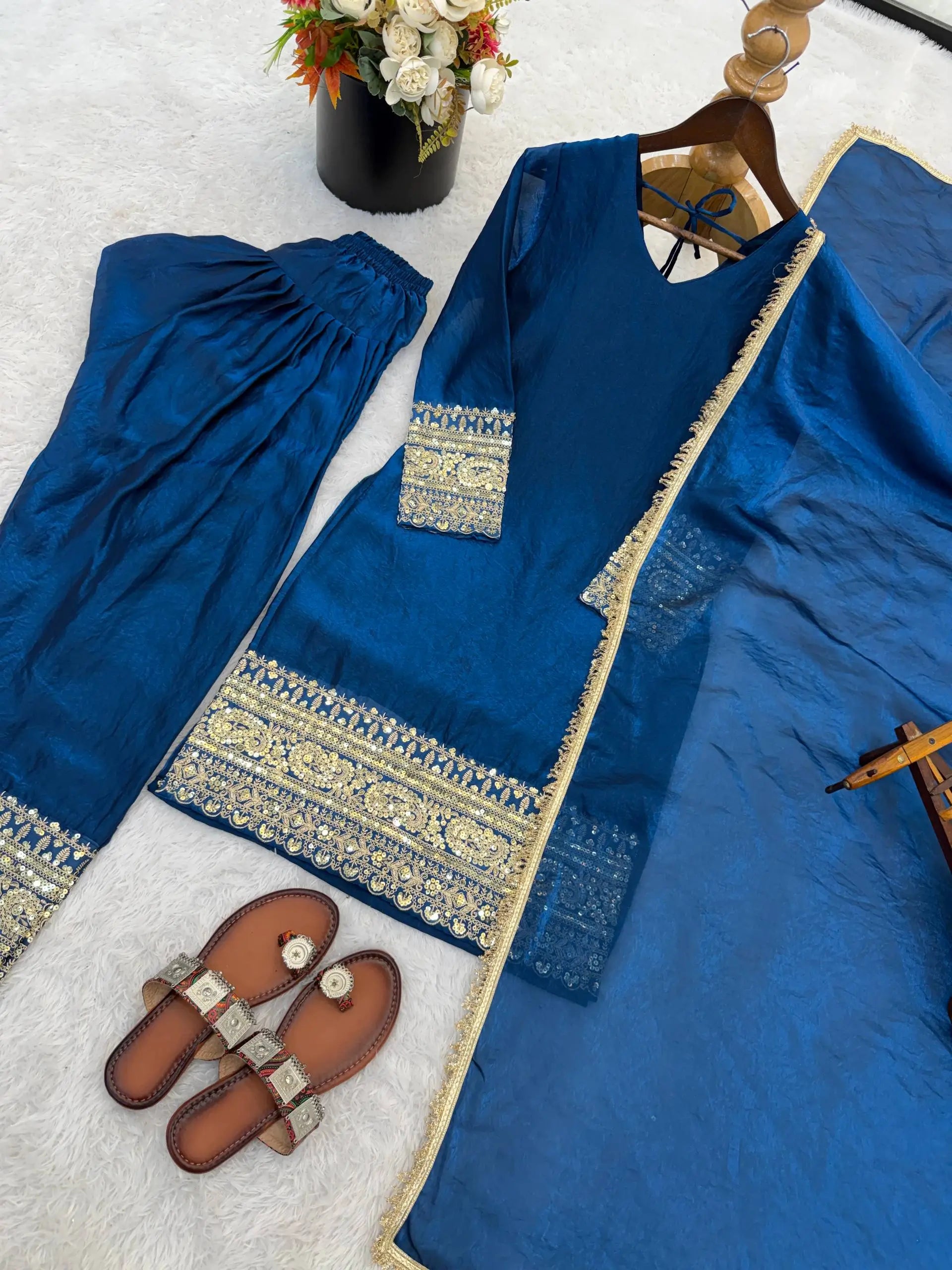 Fendy Silk Embroidered Farshi Pant Suit Set (Available in Teal & Wine)