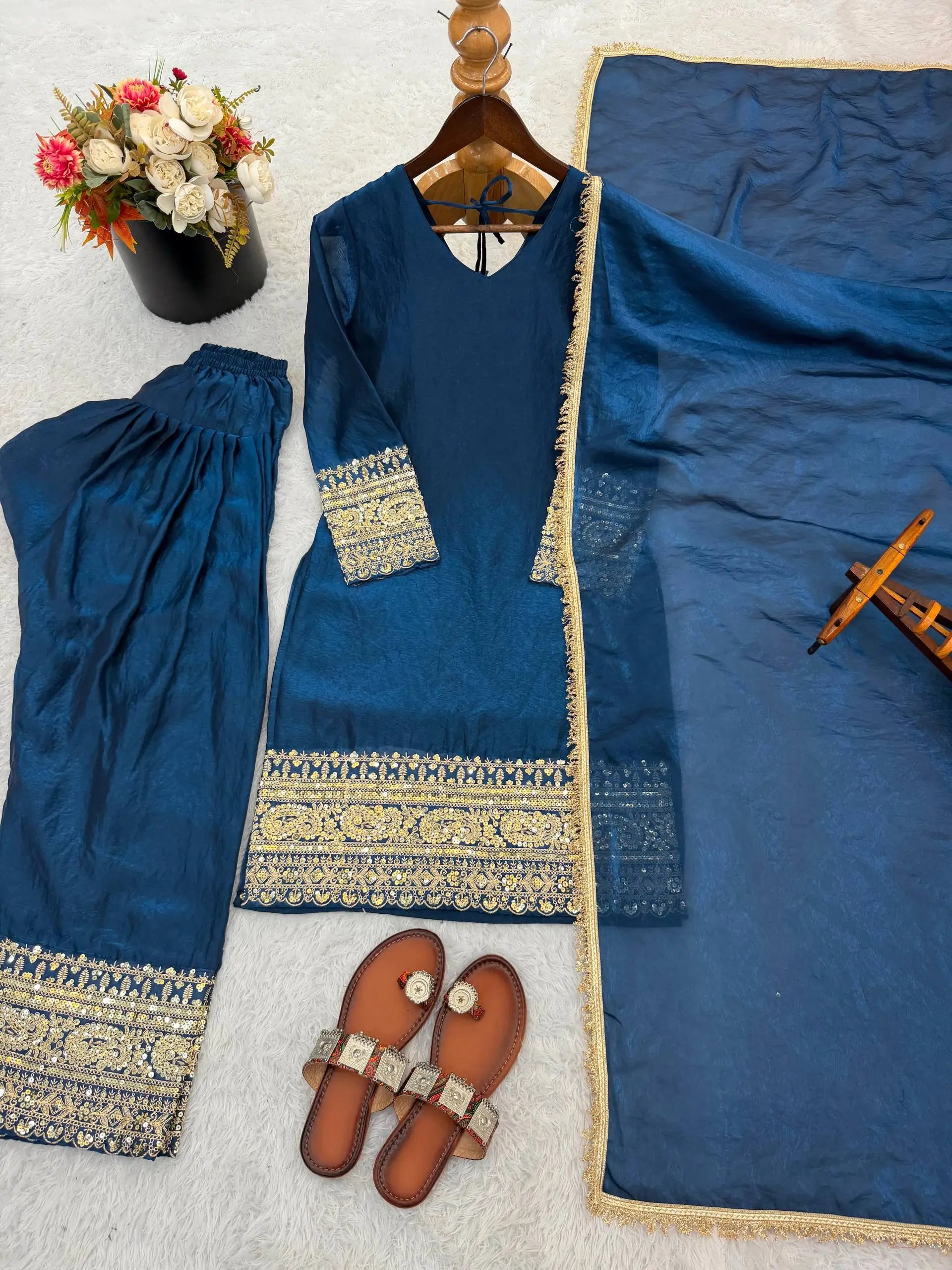 Fendy Silk Embroidered Farshi Pant Suit Set (Available in Teal & Wine)