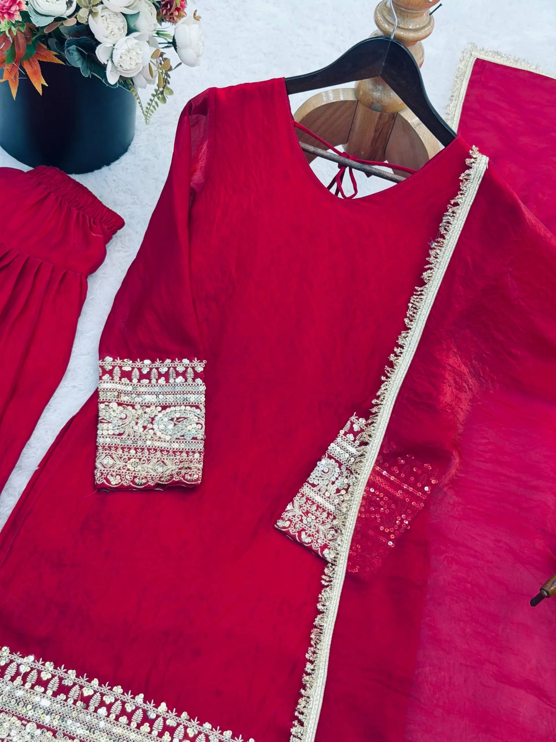 Fendy Silk Embroidered Farshi Pant Suit Set (Available in Teal & Wine)
