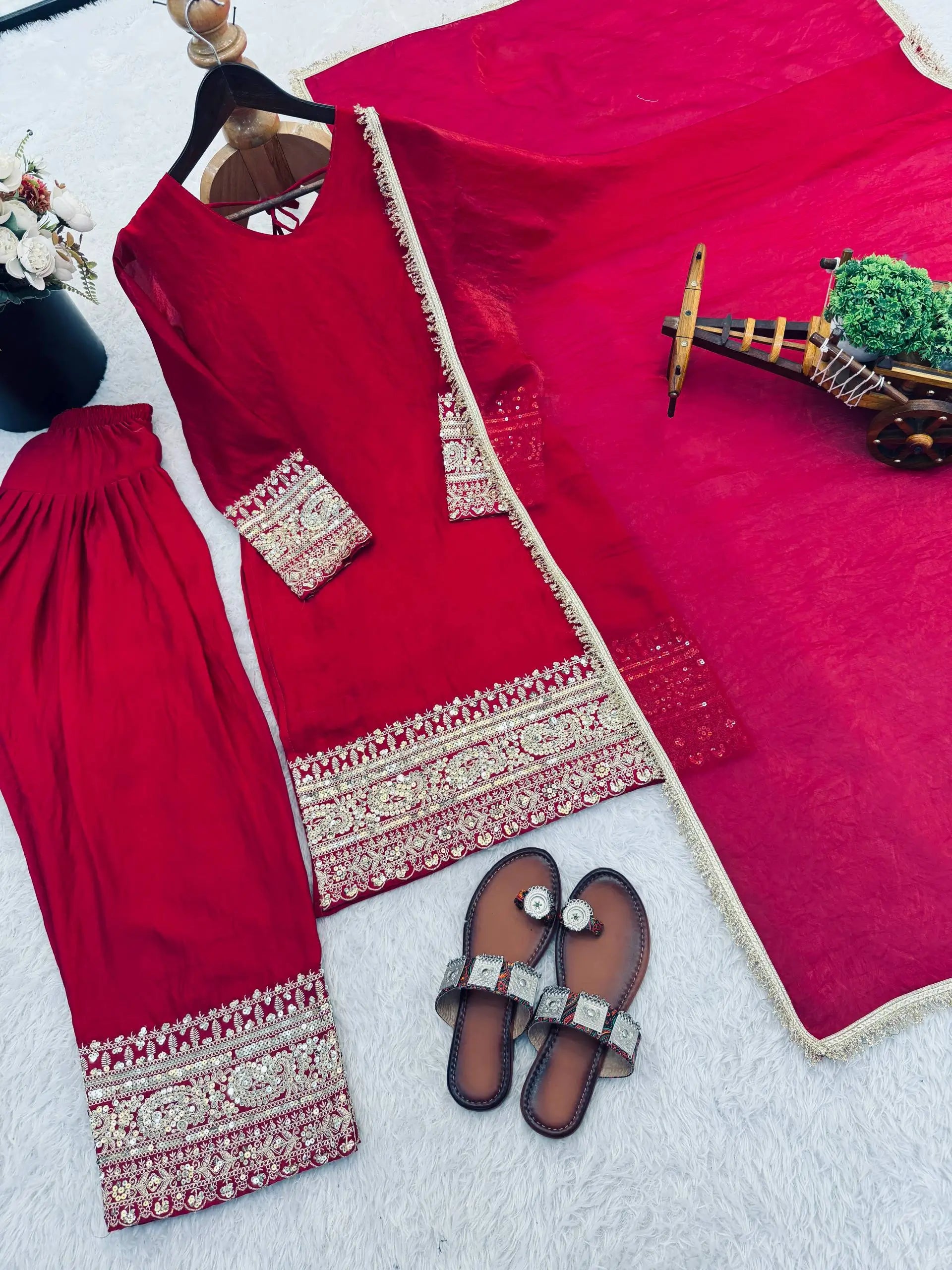 Fendy Silk Embroidered Farshi Pant Suit Set (Available in Teal & Wine)
