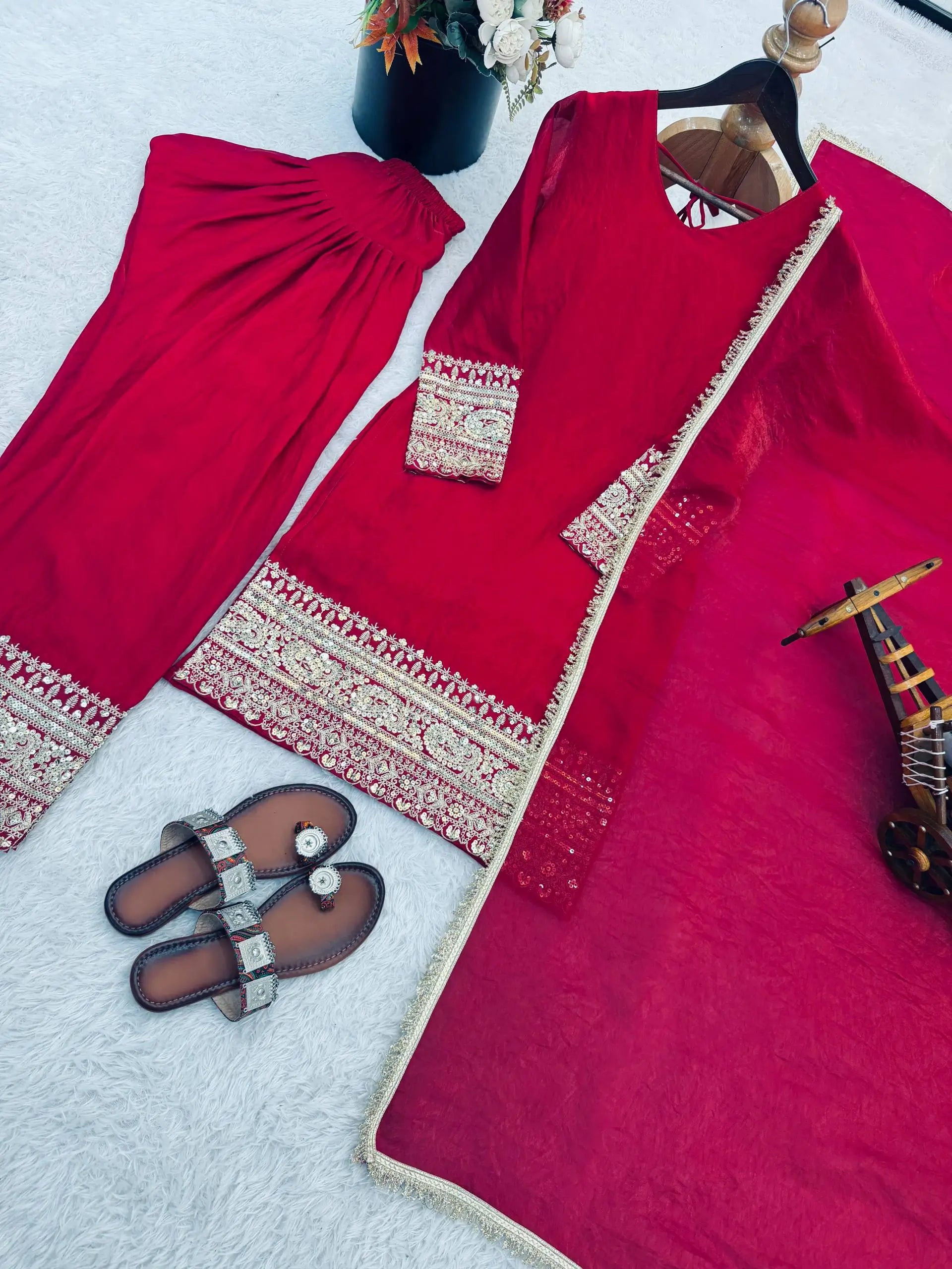 Fendy Silk Embroidered Farshi Pant Suit Set (Available in Teal & Wine)