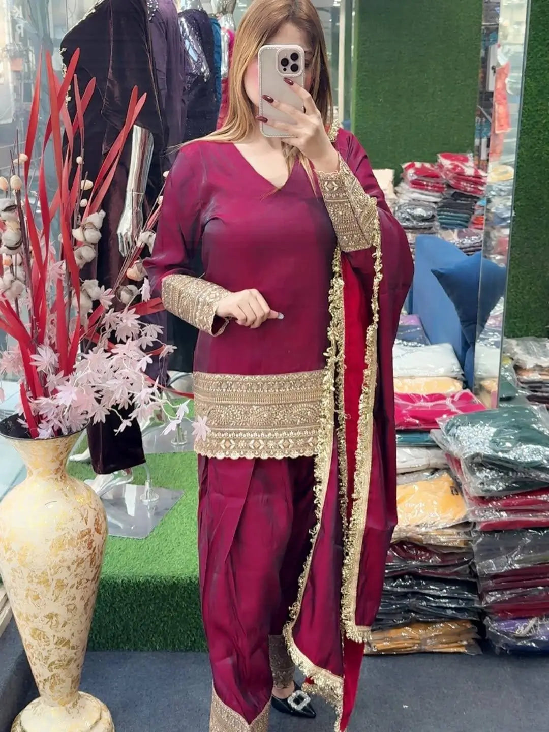 Fendy Silk Embroidered Farshi Pant Suit Set (Available in Teal & Wine)
