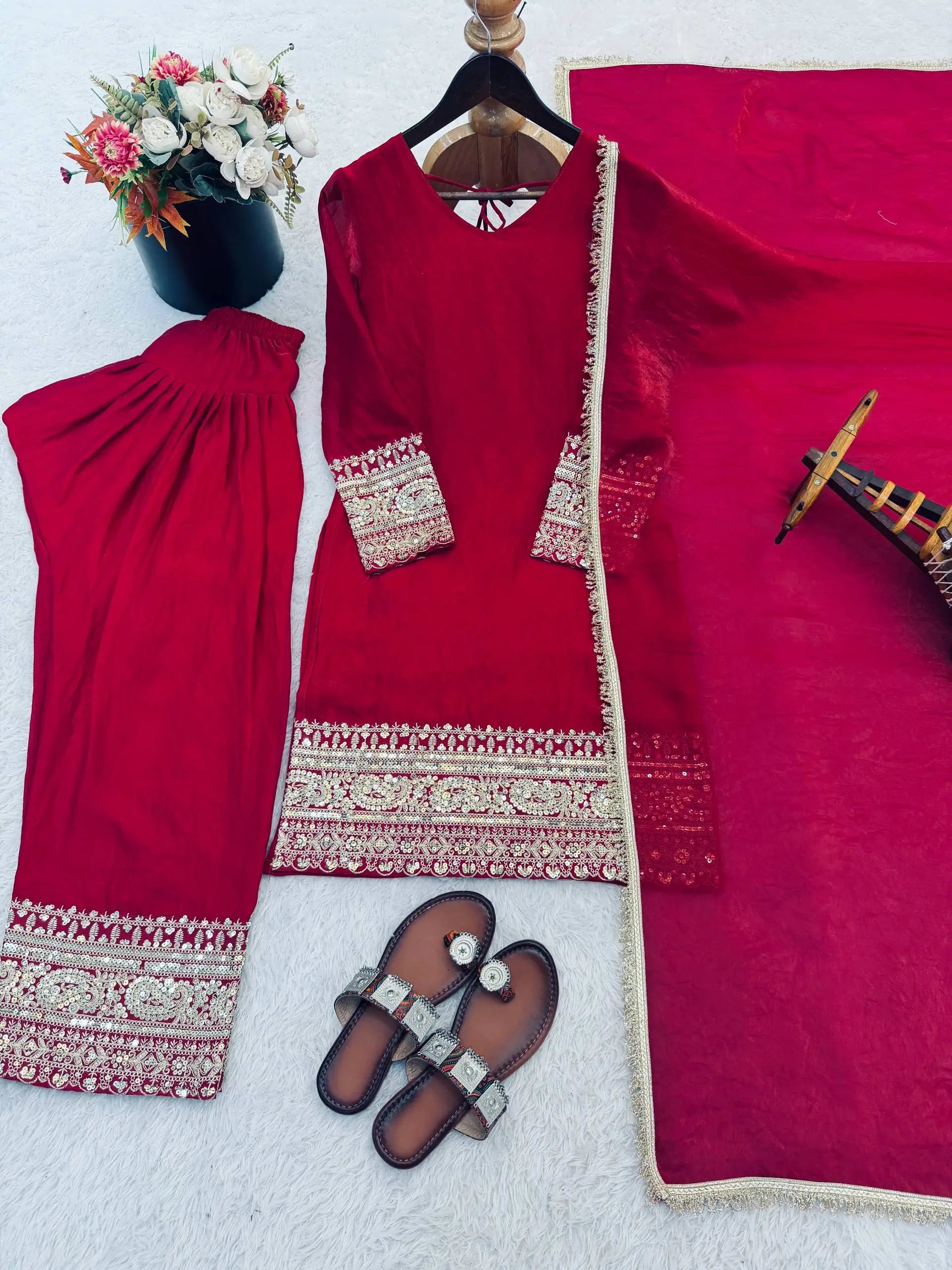 Fendy Silk Embroidered Farshi Pant Suit Set (Available in Teal & Wine)