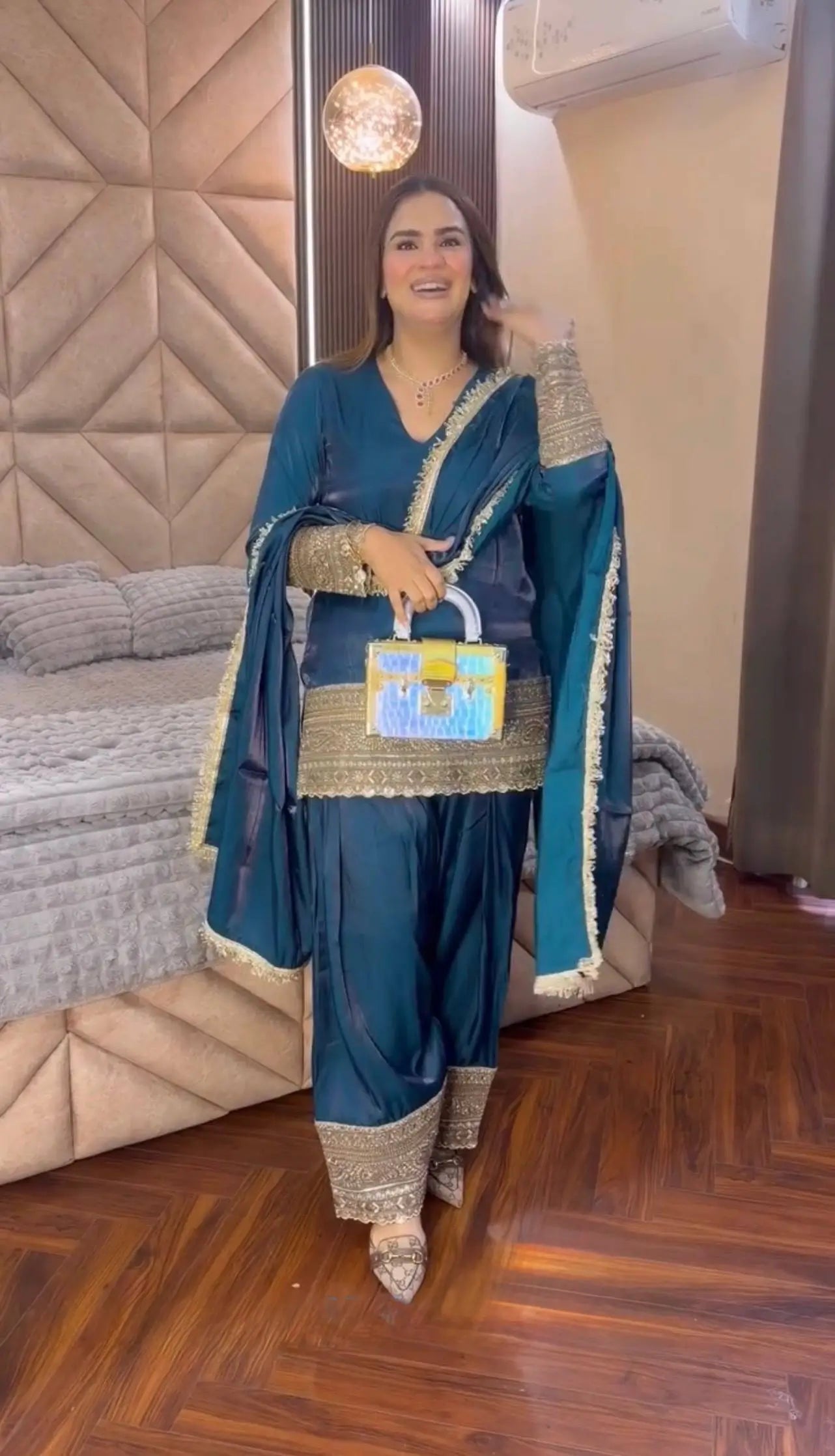 Fendy Silk Embroidered Farshi Pant Suit Set (Available in Teal & Wine)