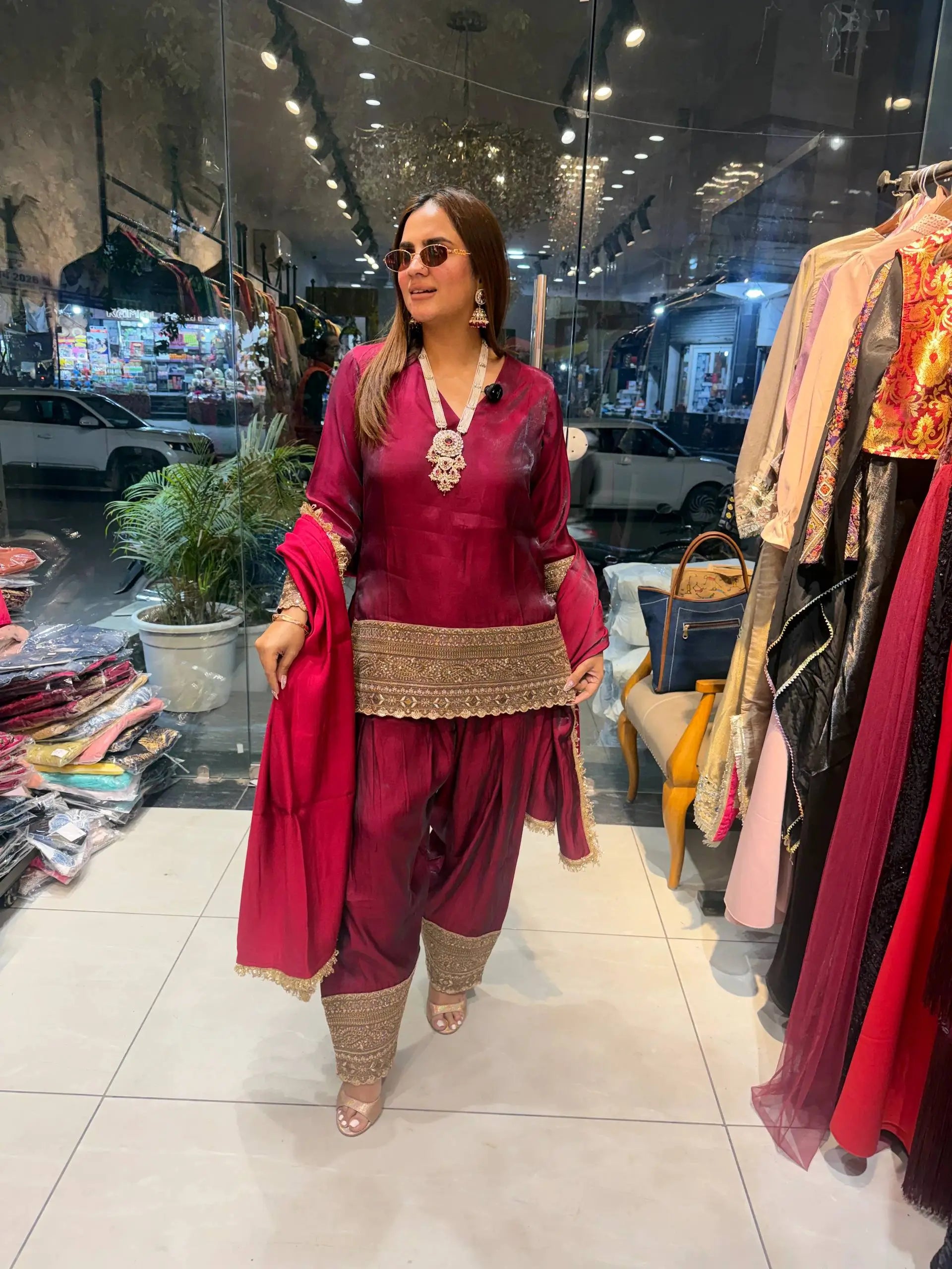 Fendy Silk Embroidered Farshi Pant Suit Set (Available in Teal & Wine)
