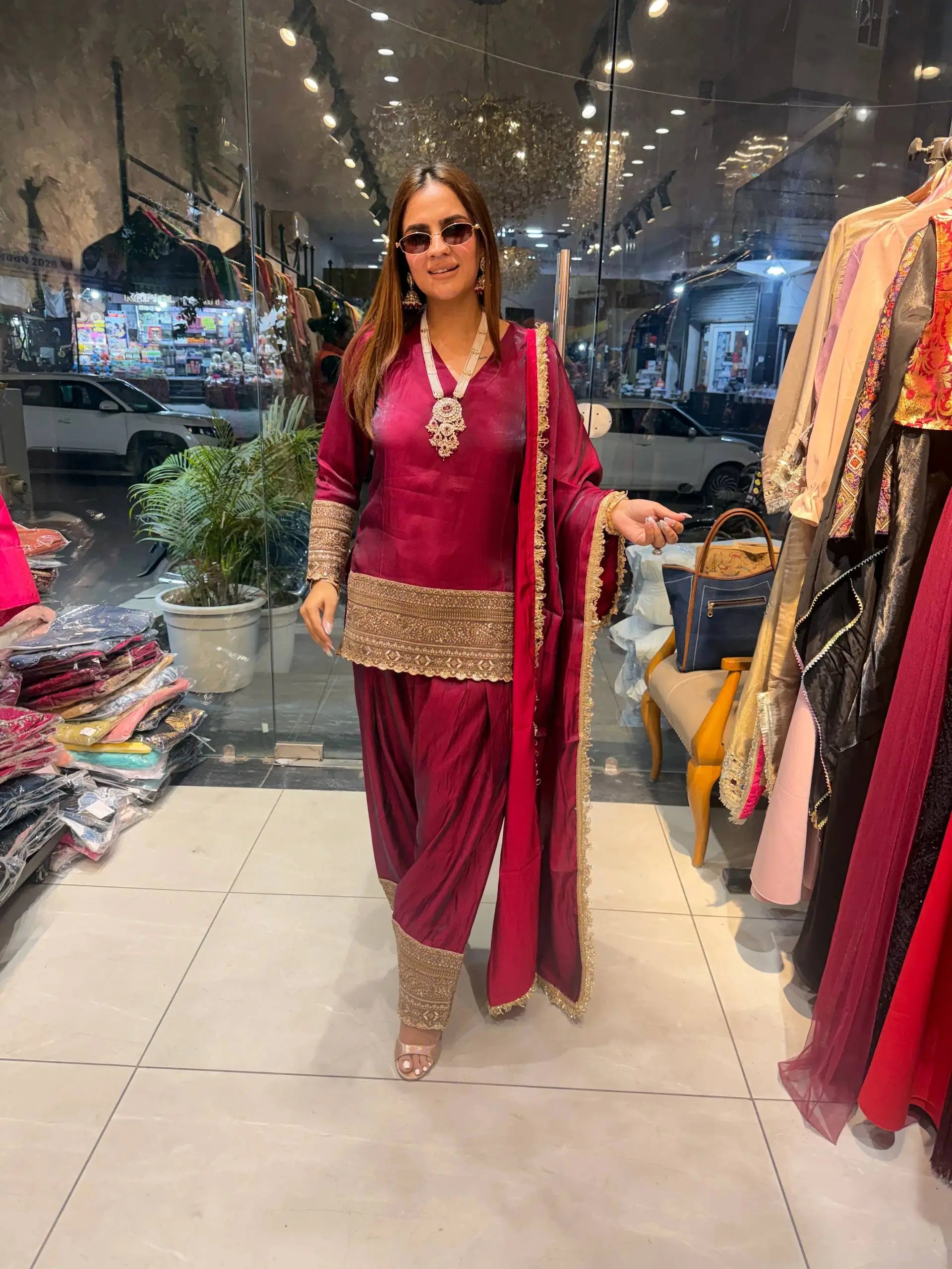 Fendy Silk Embroidered Farshi Pant Suit Set (Available in Teal & Wine)