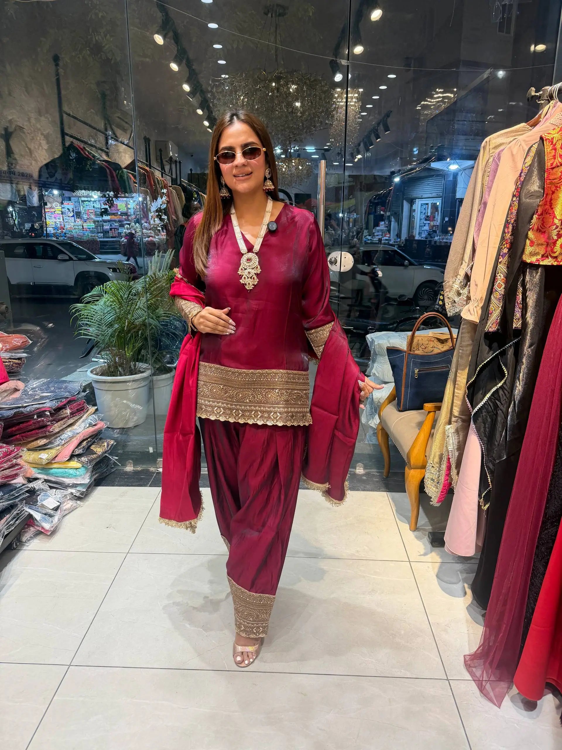Fendy Silk Embroidered Farshi Pant Suit Set (Available in Teal & Wine)