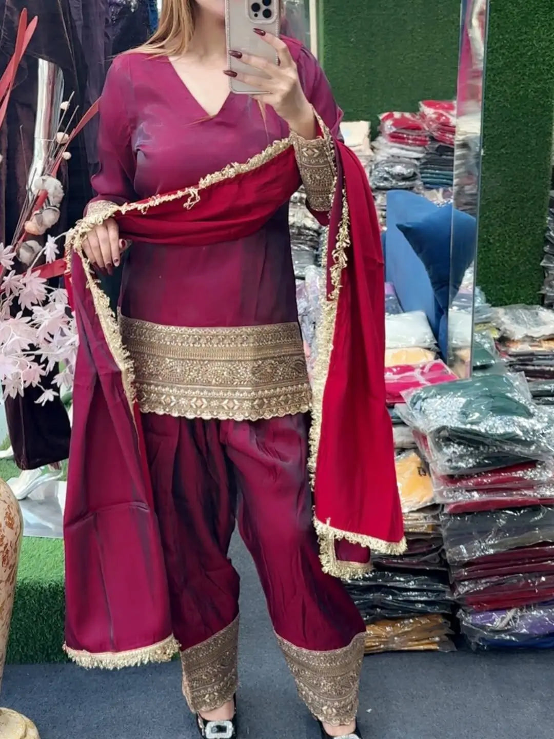 Fendy Silk Embroidered Farshi Pant Suit Set (Available in Teal & Wine)