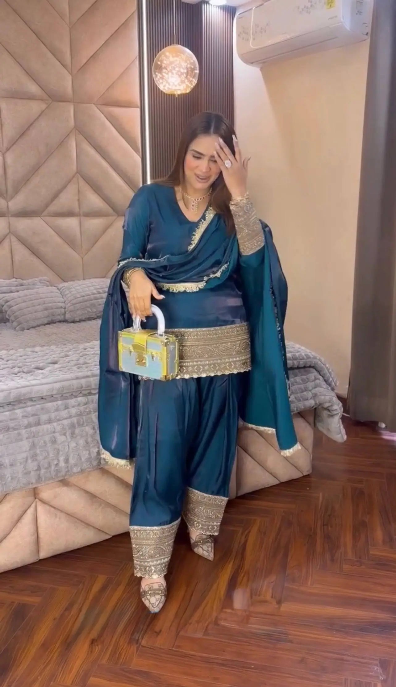 Fendy Silk Embroidered Farshi Pant Suit Set (Available in Teal & Wine)