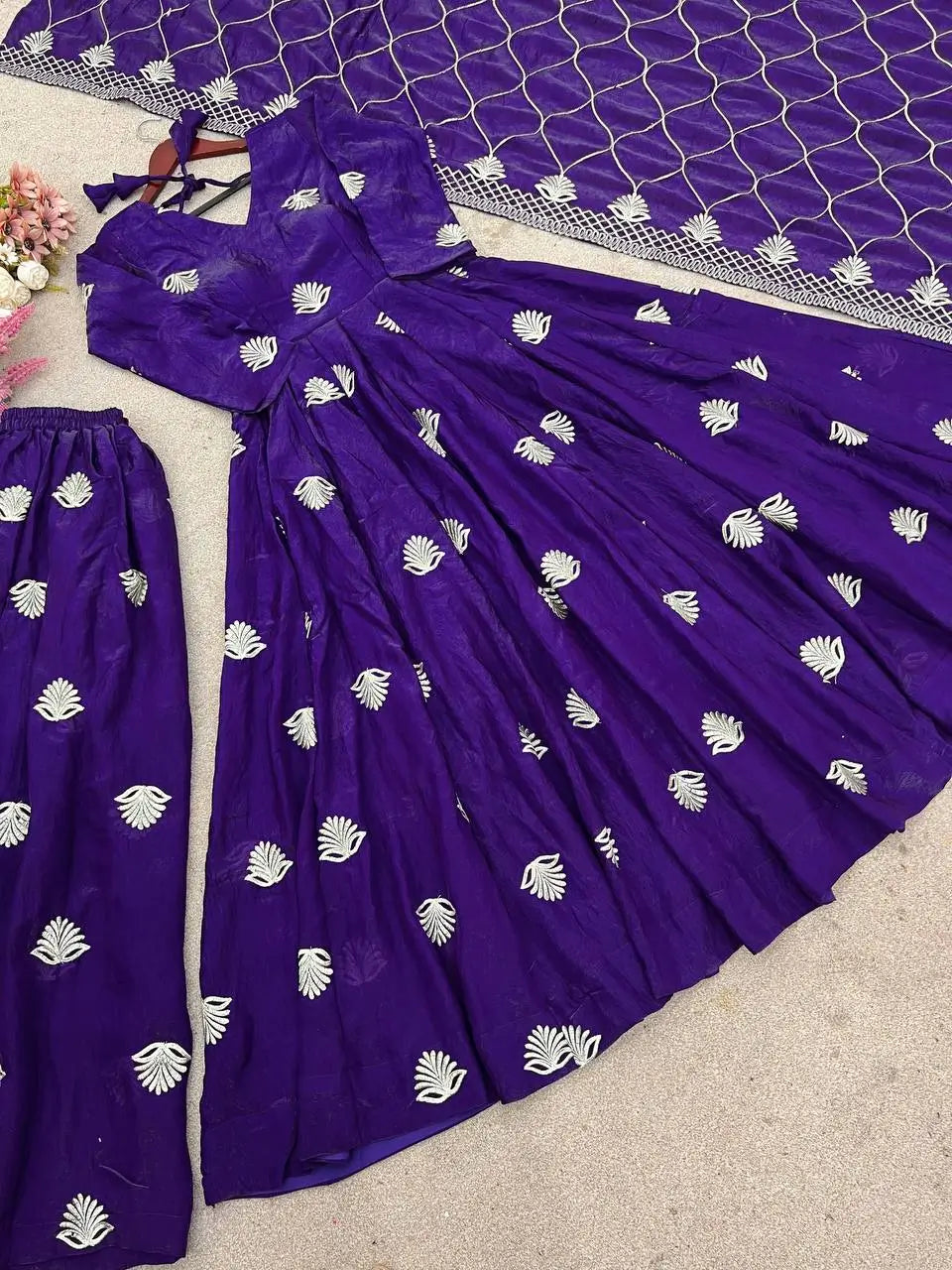 Fendy Silk Embroidered Gown with Palazzo & Dupatta – Fully Stitched