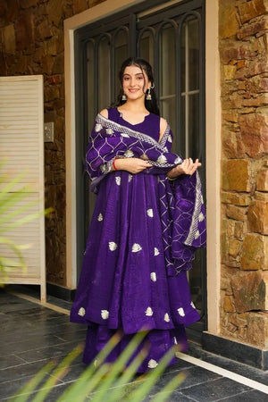 Fendy Silk Embroidered Gown with Palazzo & Dupatta – Fully Stitched
