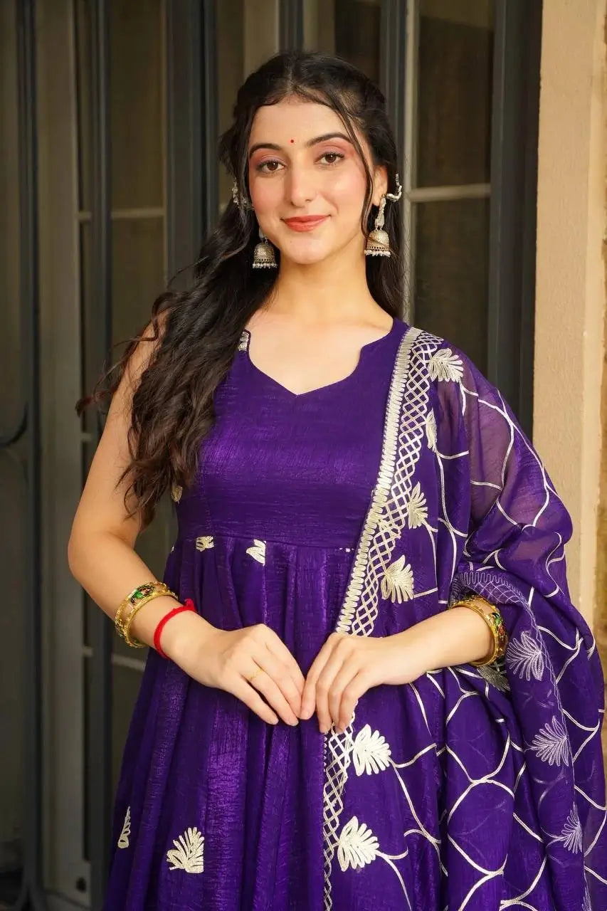 Fendy Silk Embroidered Gown with Palazzo & Dupatta – Fully Stitched