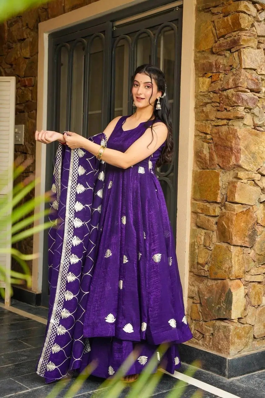 Fendy Silk Embroidered Gown with Palazzo & Dupatta – Fully Stitched