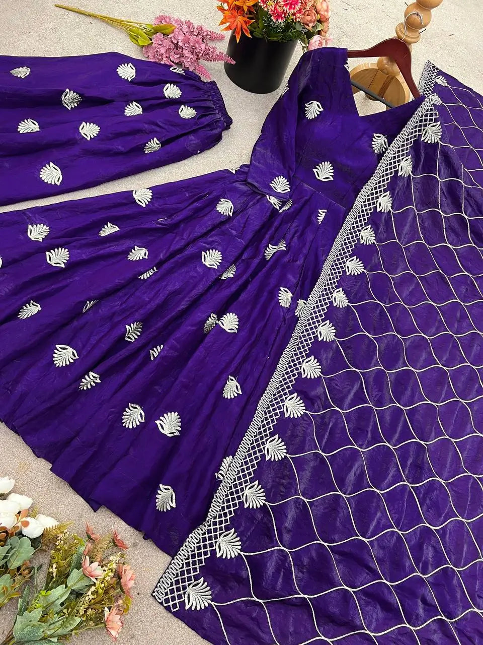 Fendy Silk Embroidered Gown with Palazzo & Dupatta – Fully Stitched
