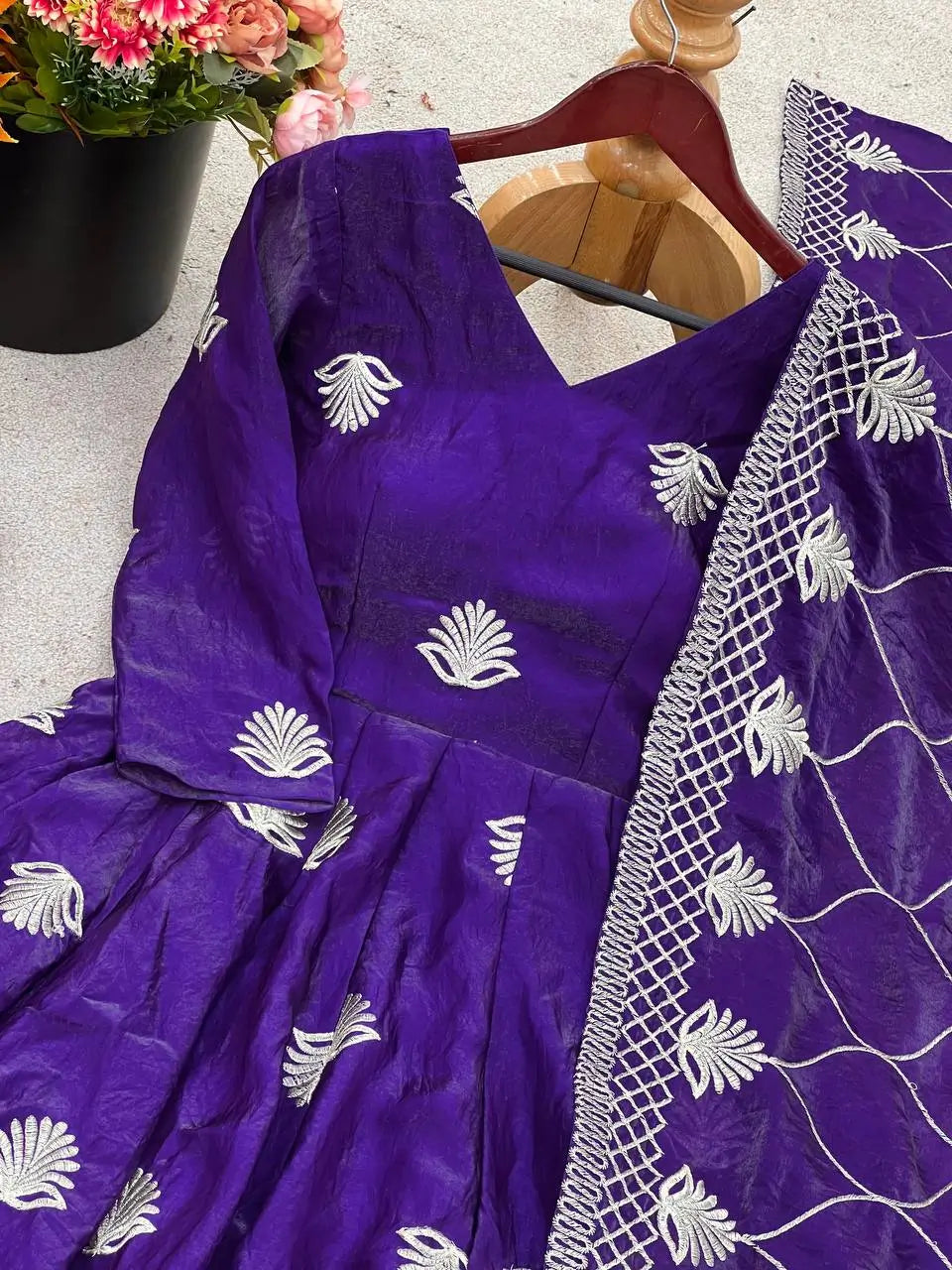 Fendy Silk Embroidered Gown with Palazzo & Dupatta – Fully Stitched