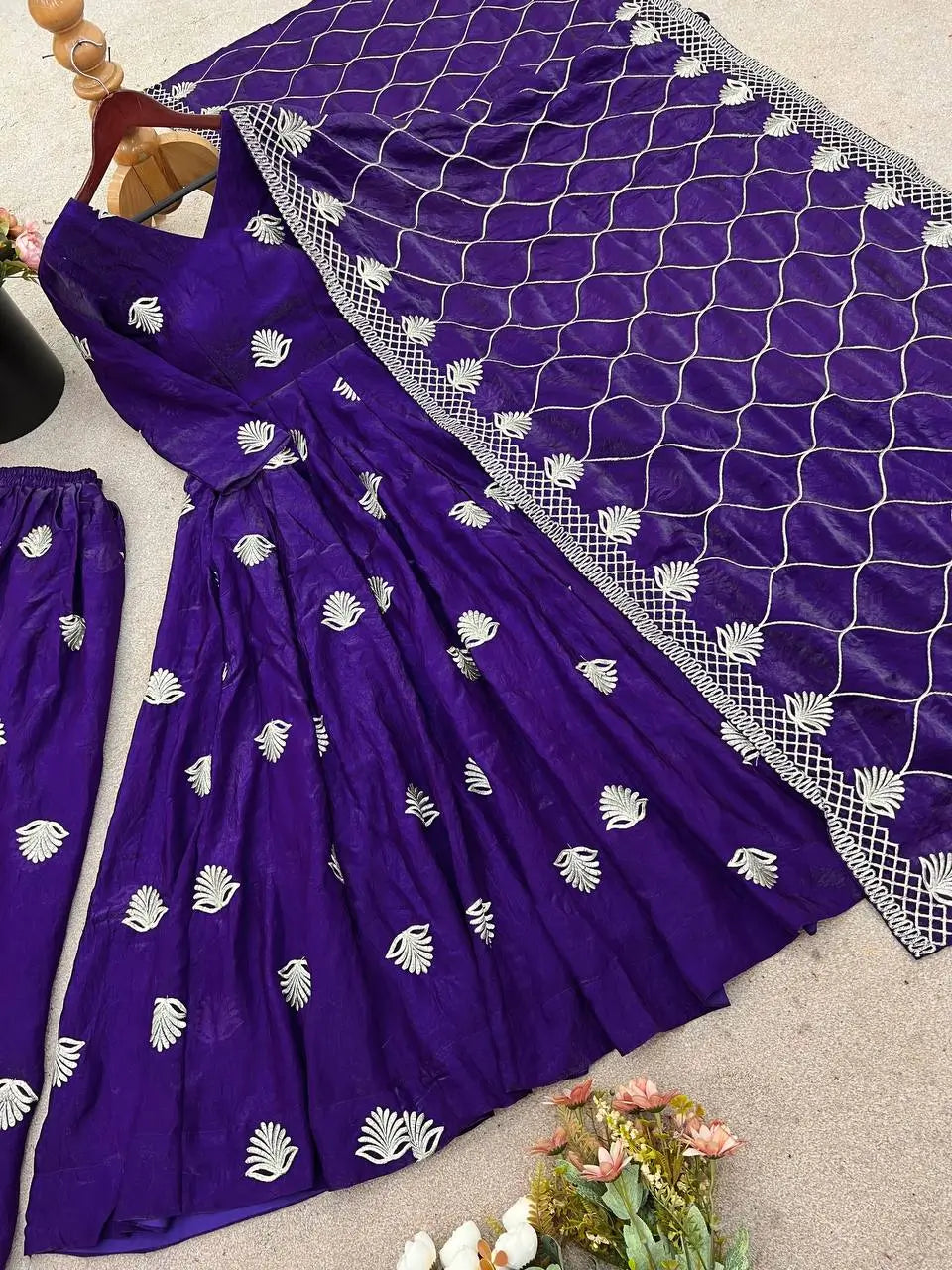 Fendy Silk Embroidered Gown with Palazzo & Dupatta – Fully Stitched
