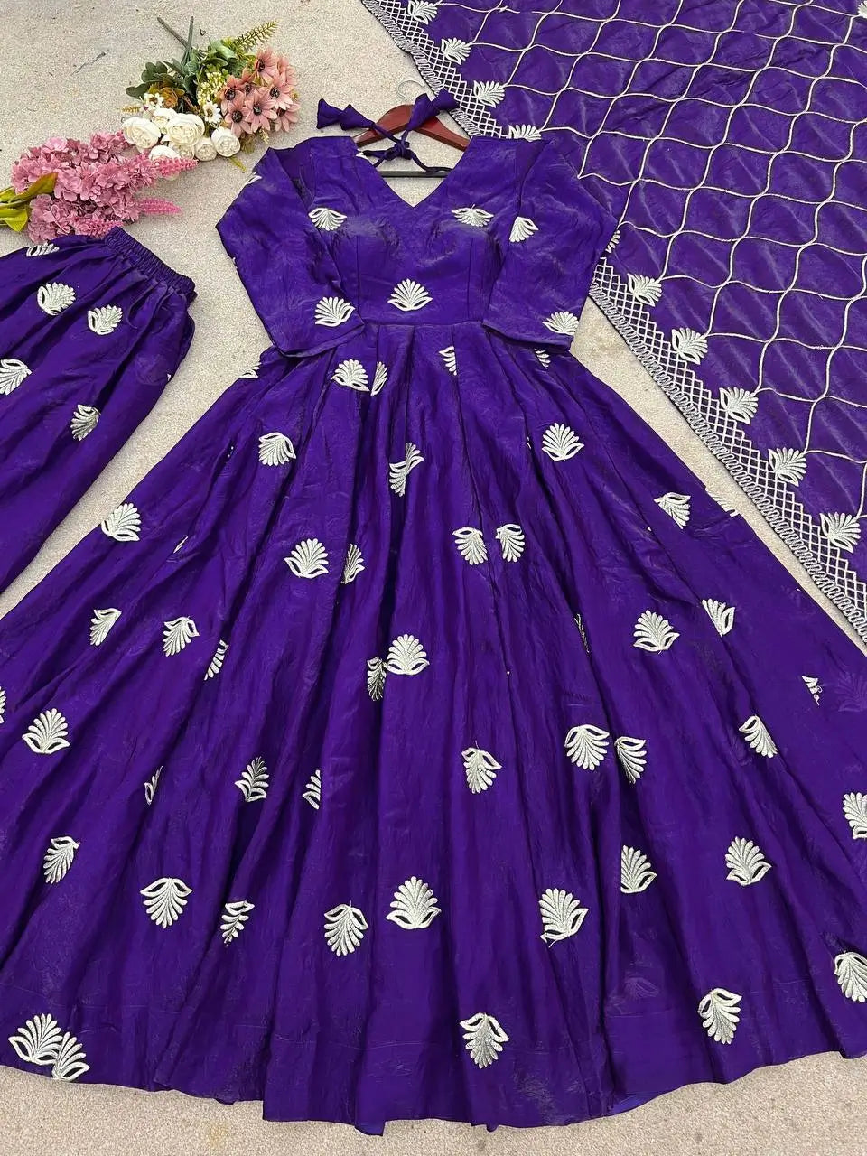 Fendy Silk Embroidered Gown with Palazzo & Dupatta – Fully Stitched