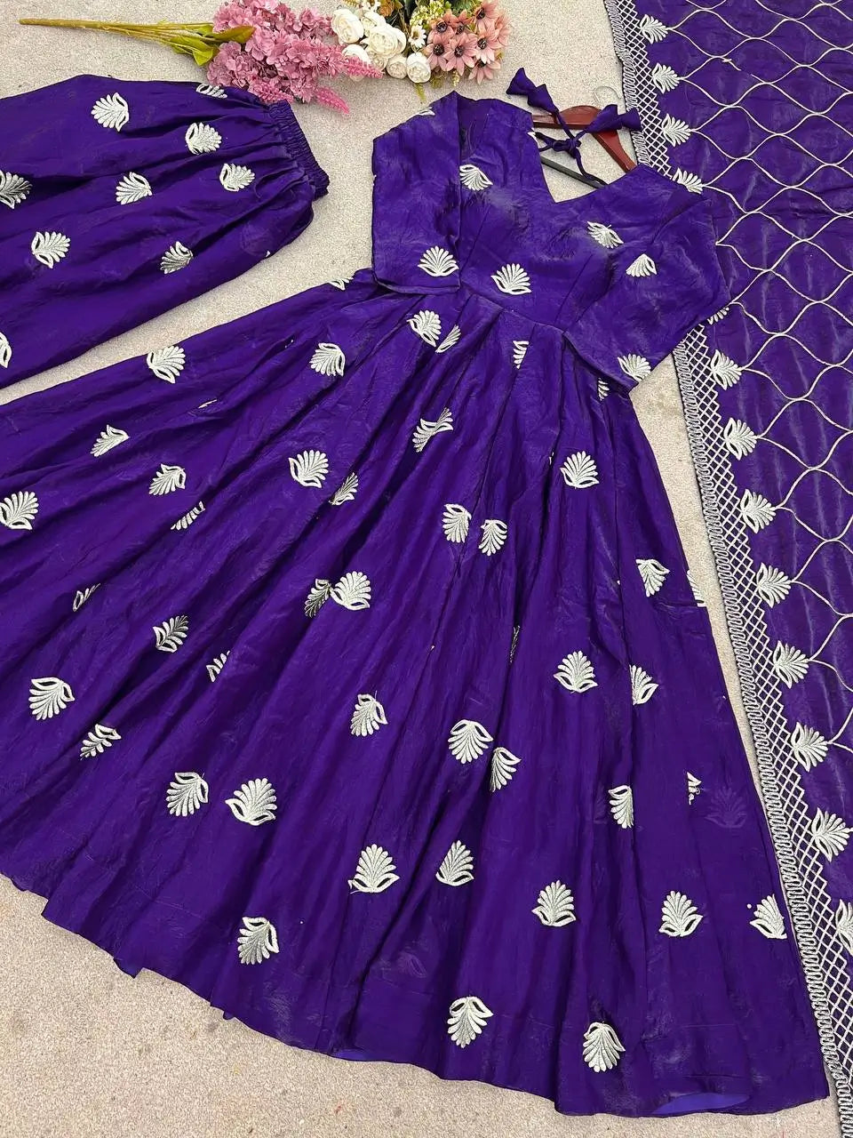Fendy Silk Embroidered Gown with Palazzo & Dupatta – Fully Stitched