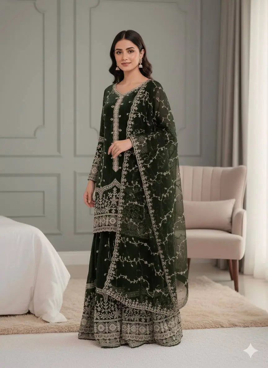 Fendy Silk Embroidered Kurti Sharara Set