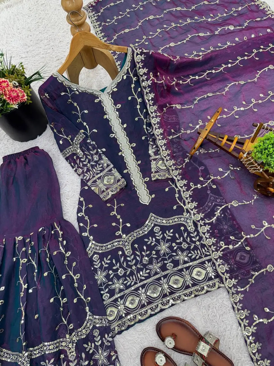 Fendy Silk Embroidered Kurti Sharara Set