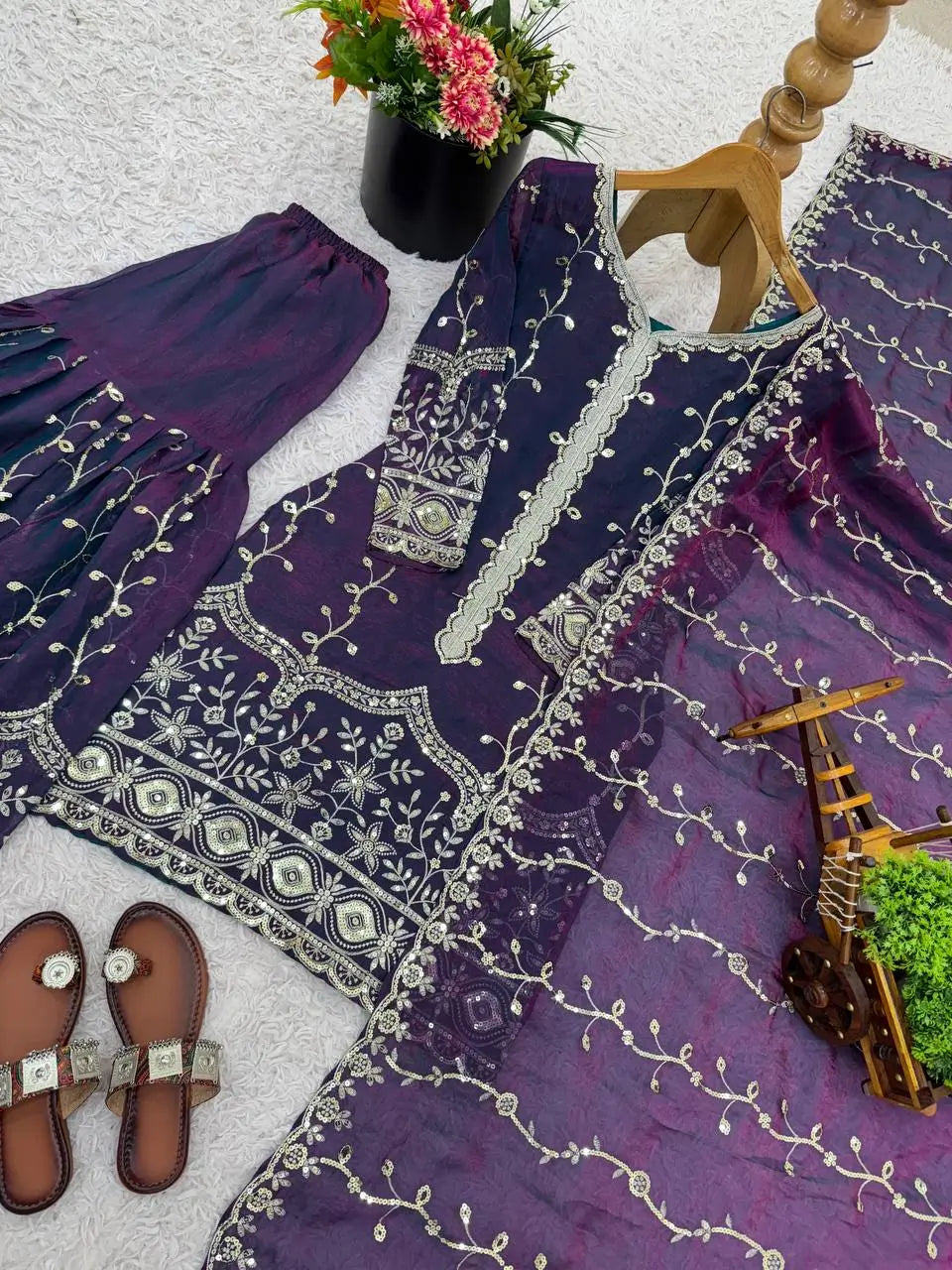 Fendy Silk Embroidered Kurti Sharara Set