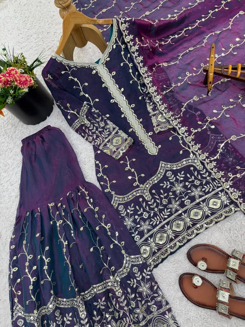 Fendy Silk Embroidered Kurti Sharara Set