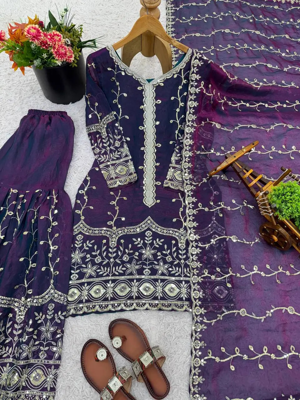 Fendy Silk Embroidered Kurti Sharara Set