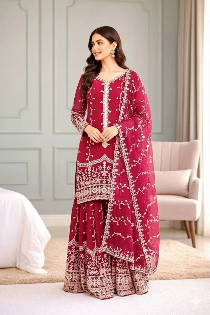 Fendy Silk Embroidered Kurti Sharara Set