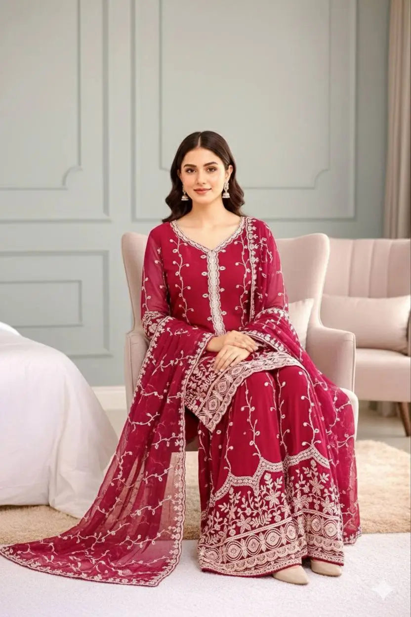 Fendy Silk Embroidered Kurti Sharara Set