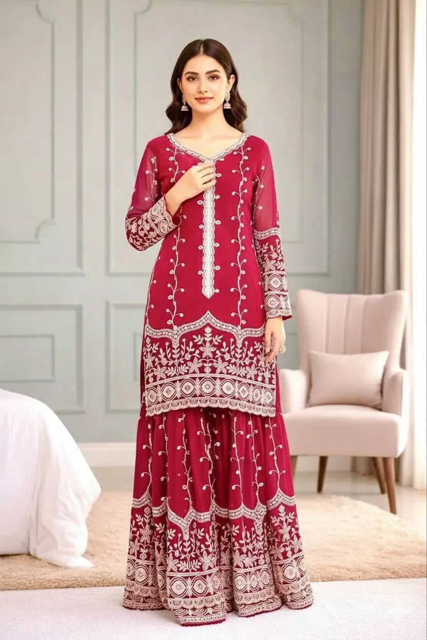 Fendy Silk Embroidered Kurti Sharara Set