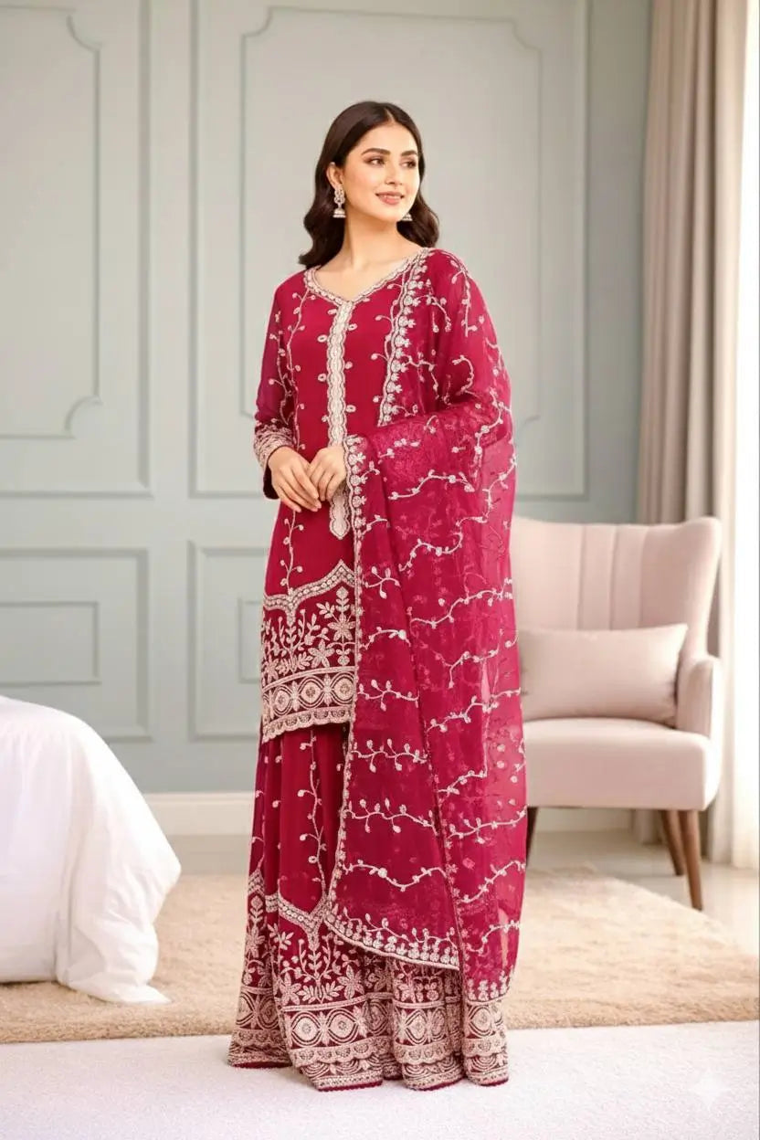 Fendy Silk Embroidered Kurti Sharara Set