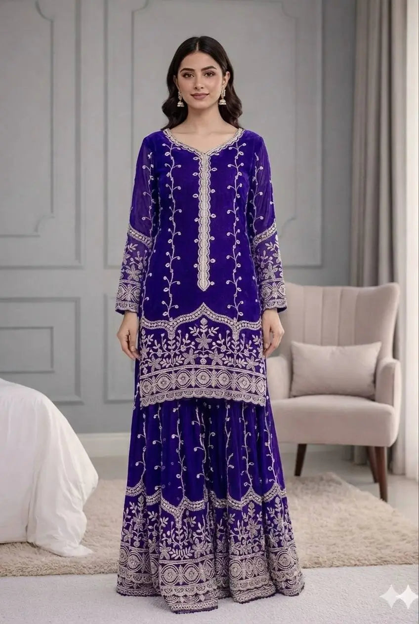 Fendy Silk Embroidered Kurti Sharara Set