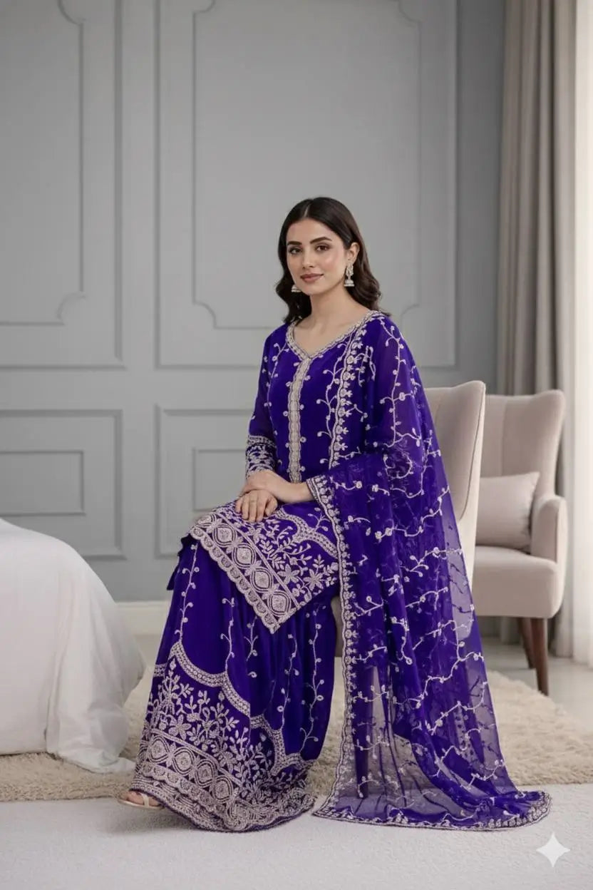 Fendy Silk Embroidered Kurti Sharara Set