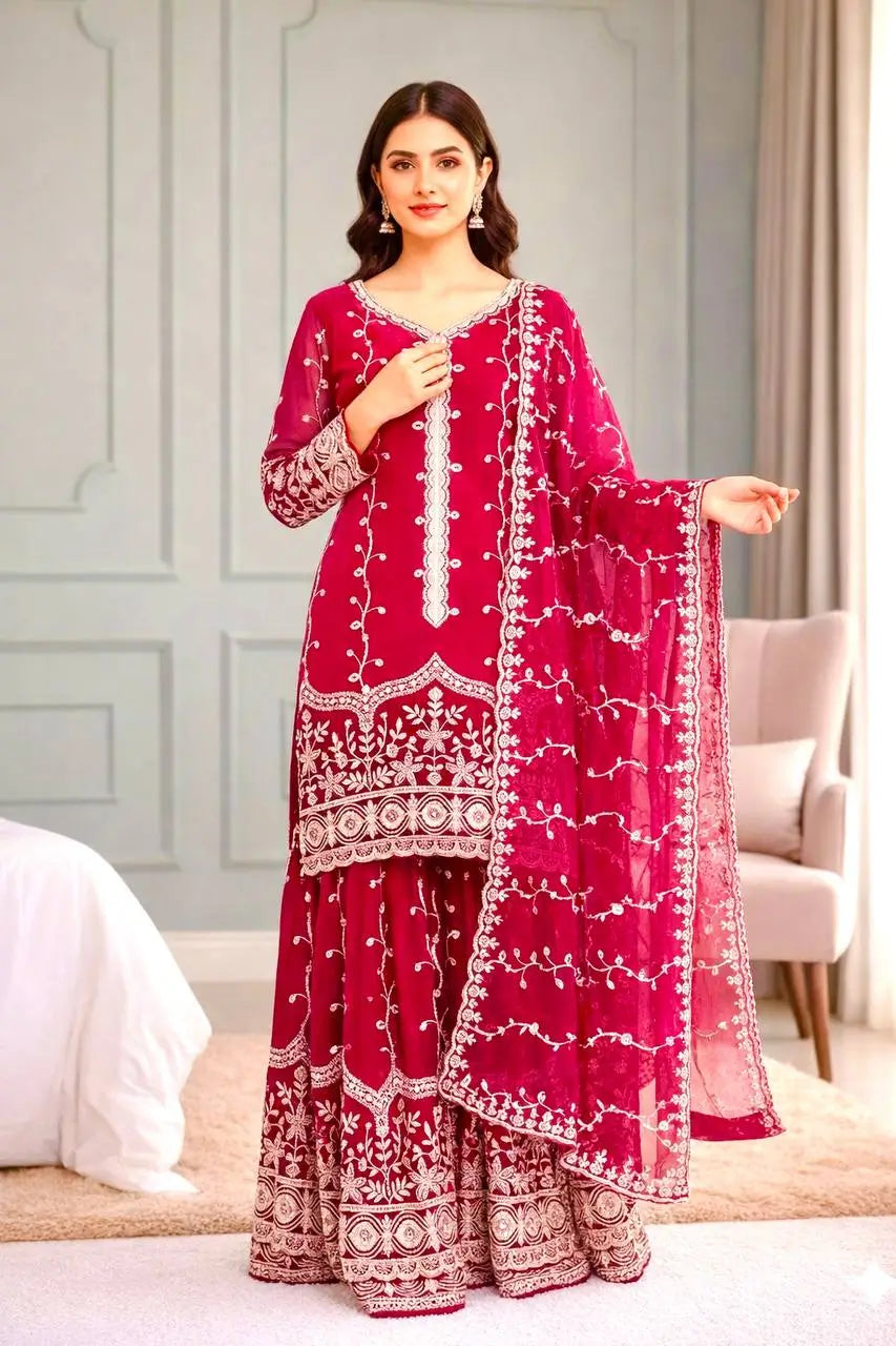 Fendy Silk Embroidered Kurti Sharara Set