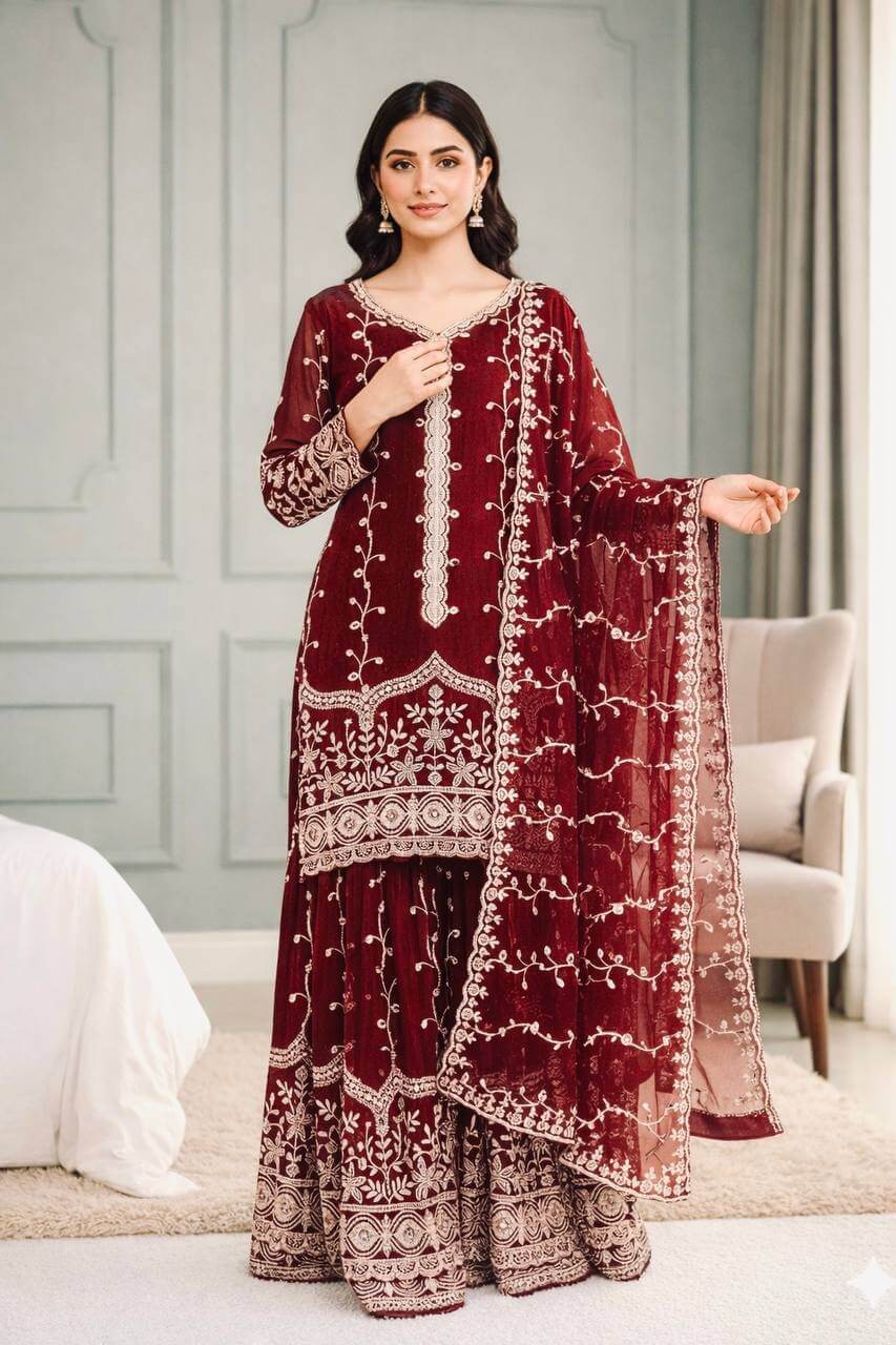 Fendy Silk Embroidered Kurti Sharara Set