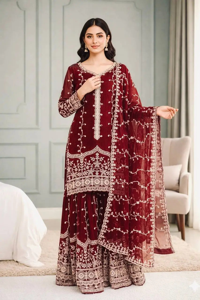 Fendy Silk Embroidered Kurti Sharara Set