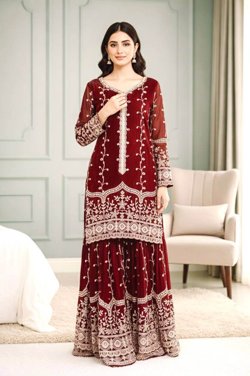 Fendy Silk Embroidered Kurti Sharara Set