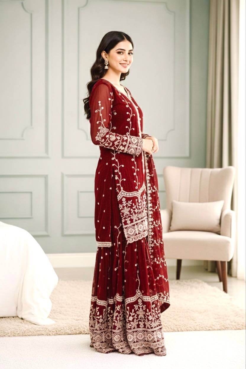 Fendy Silk Embroidered Kurti Sharara Set