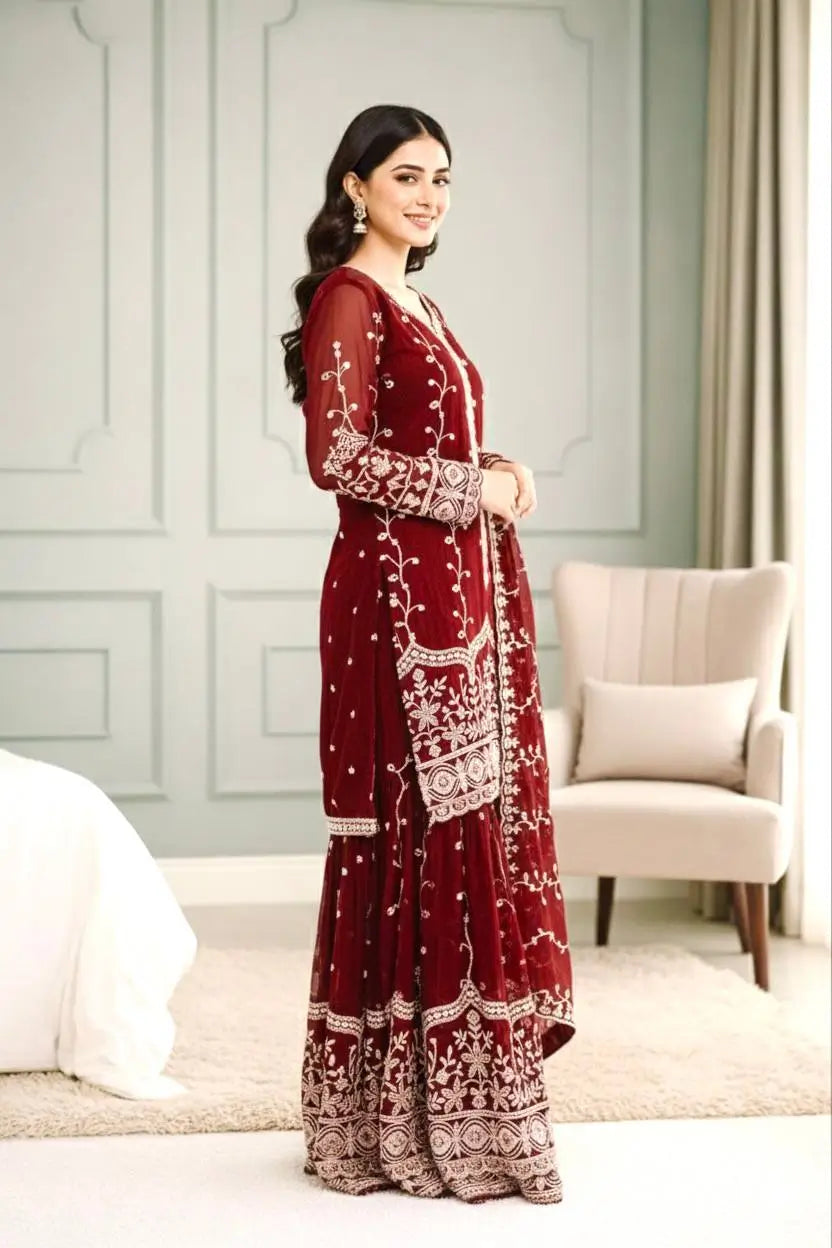 Fendy Silk Embroidered Kurti Sharara Set