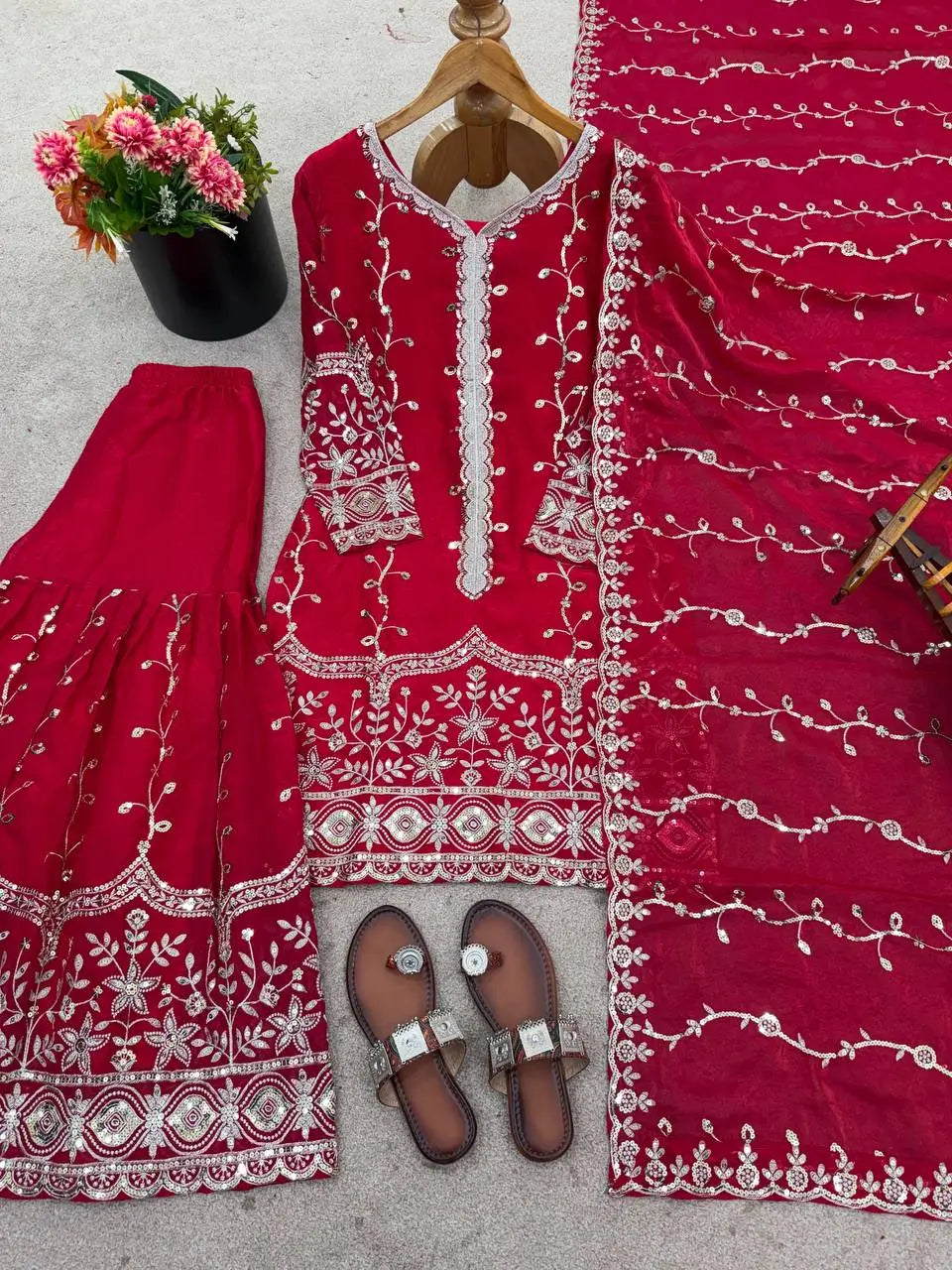 Fendy Silk Embroidered Kurti Sharara Set