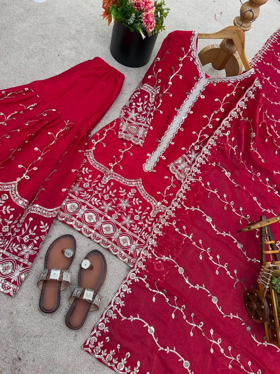 Fendy Silk Embroidered Kurti Sharara Set