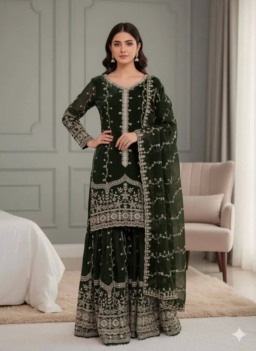 Fendy Silk Embroidered Kurti Sharara Set