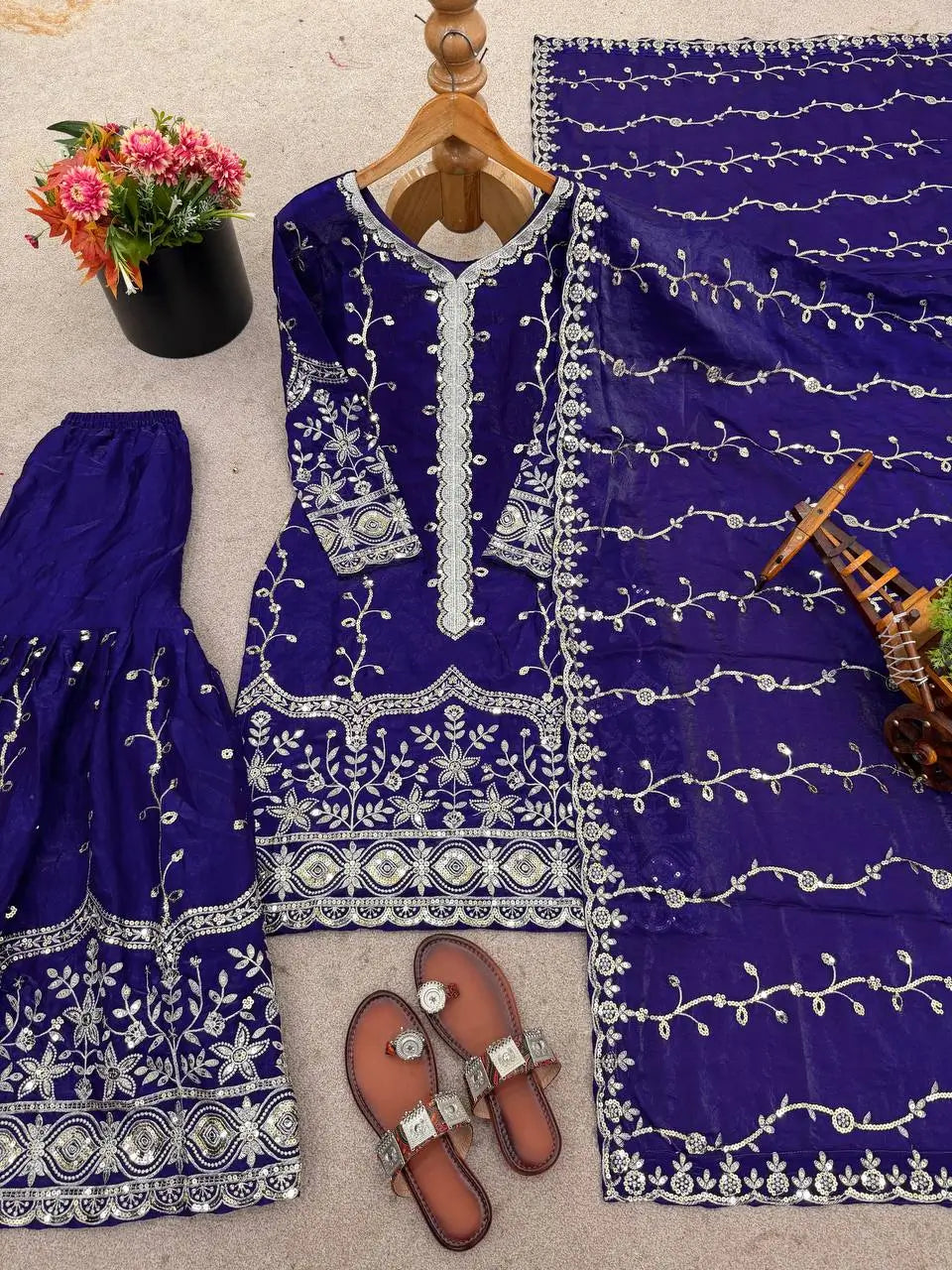 Fendy Silk Embroidered Kurti Sharara Set