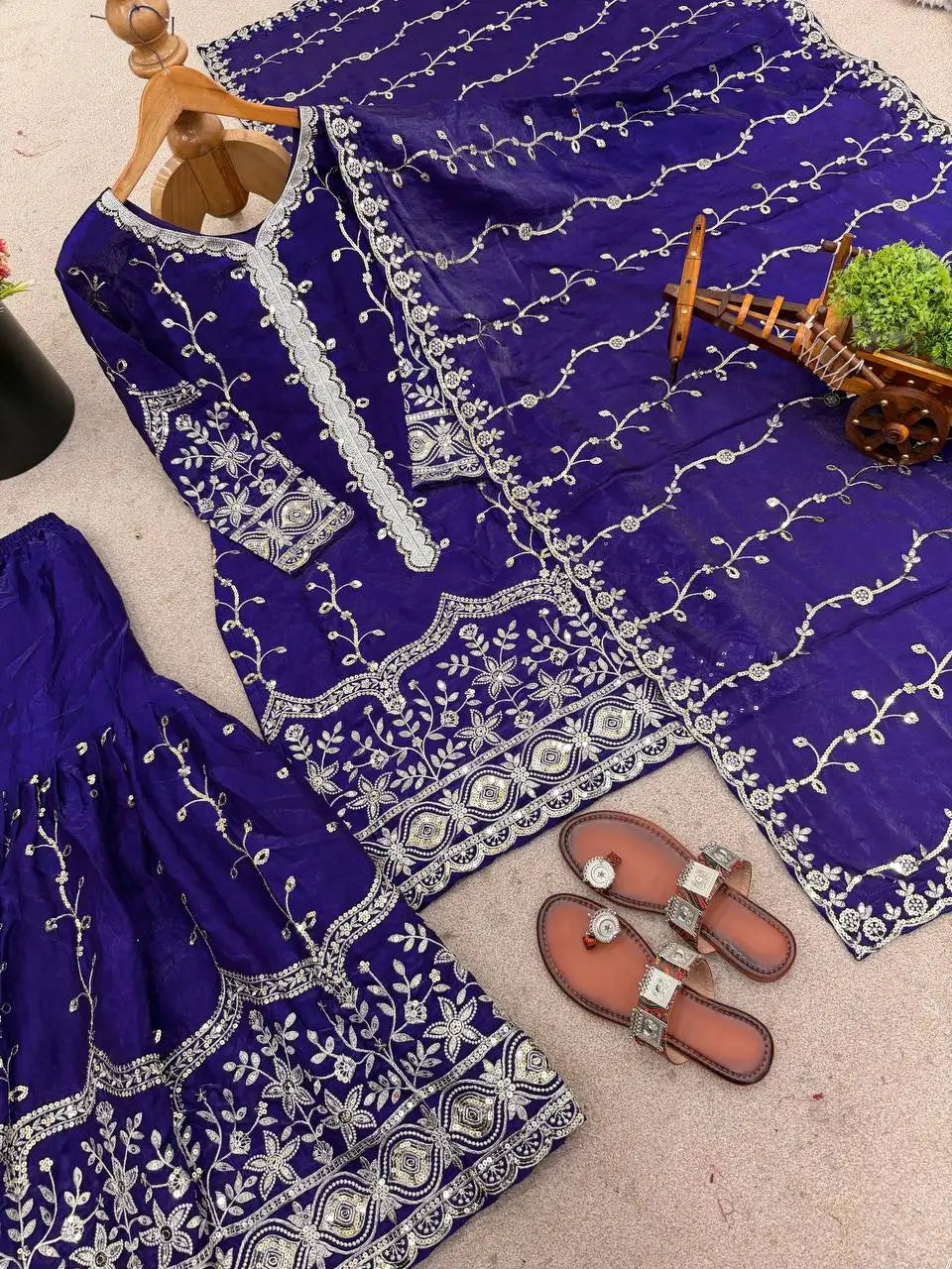Fendy Silk Embroidered Kurti Sharara Set