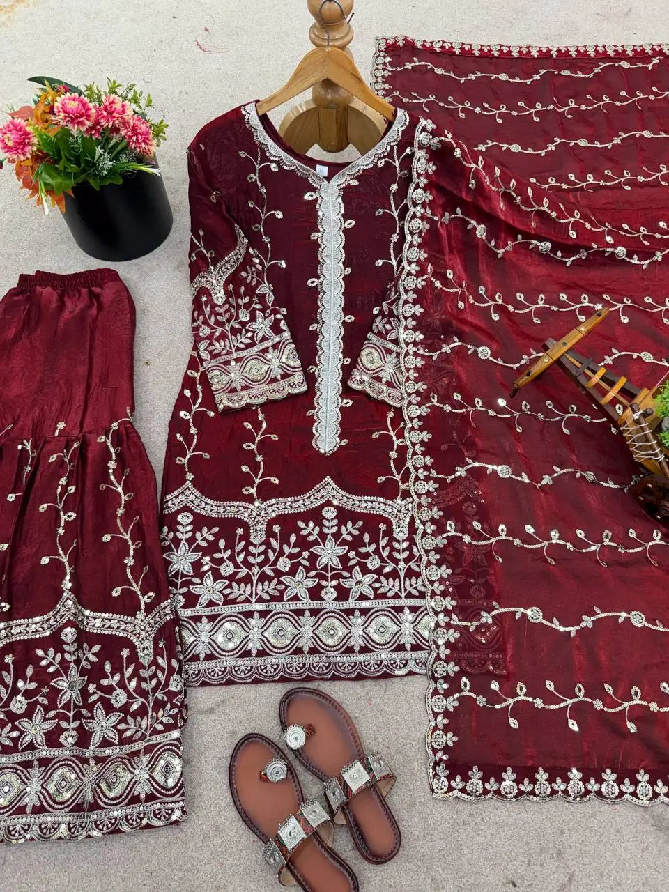 Fendy Silk Embroidered Kurti Sharara Set