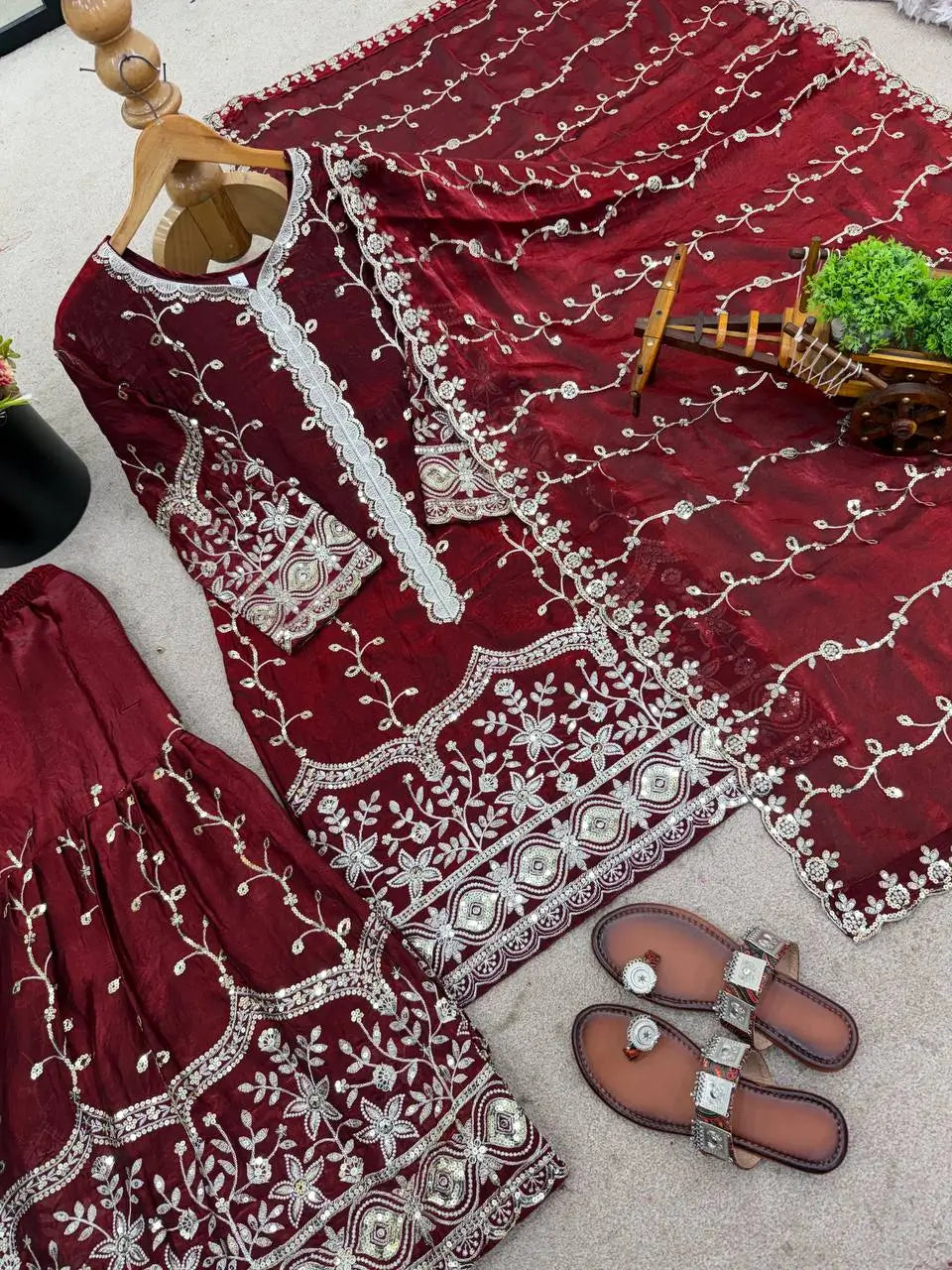 Fendy Silk Embroidered Kurti Sharara Set