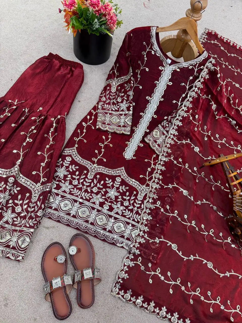 Fendy Silk Embroidered Kurti Sharara Set