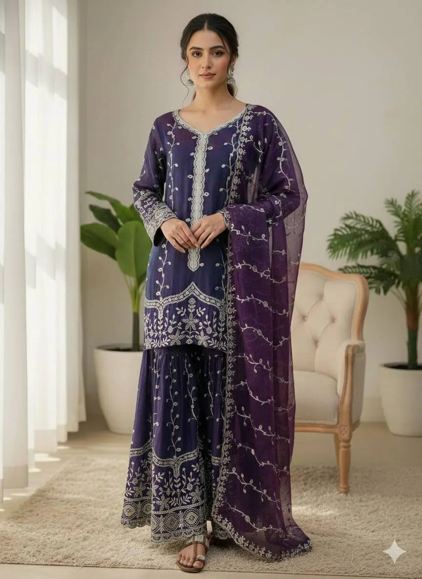 Fendy Silk Embroidered Kurti Sharara Set