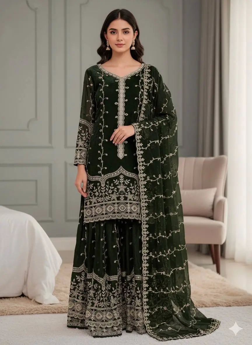 Fendy Silk Embroidered Kurti Sharara Set