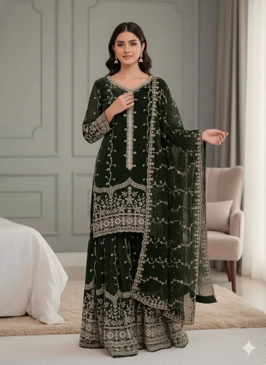 Fendy Silk Embroidered Kurti Sharara Set